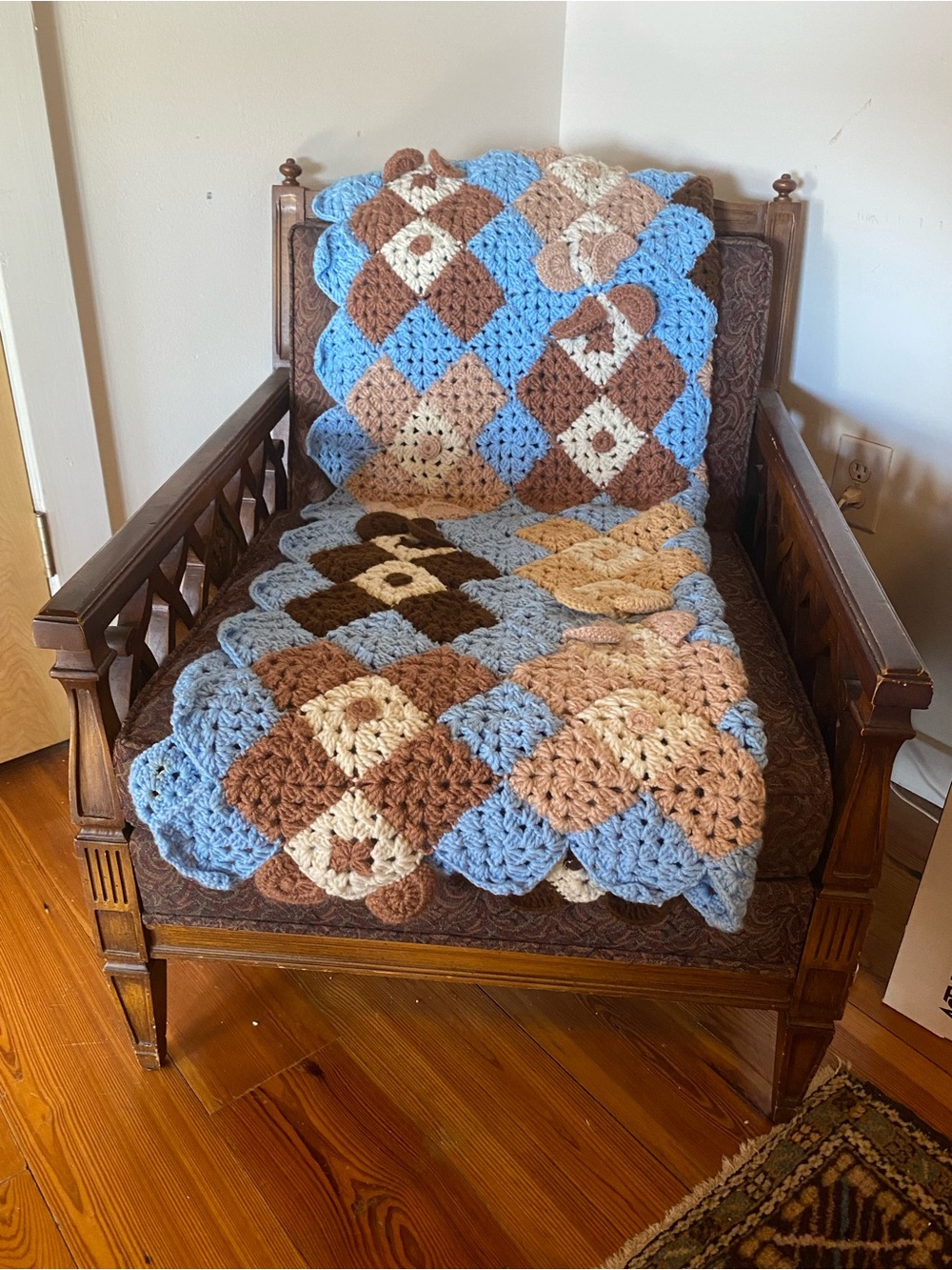 Handmade Crochet Teddy Bear Throw Blanket - Blue and Brown Bear Nursery Blanket